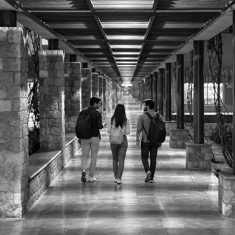Students walking through the ISB campus colonnade